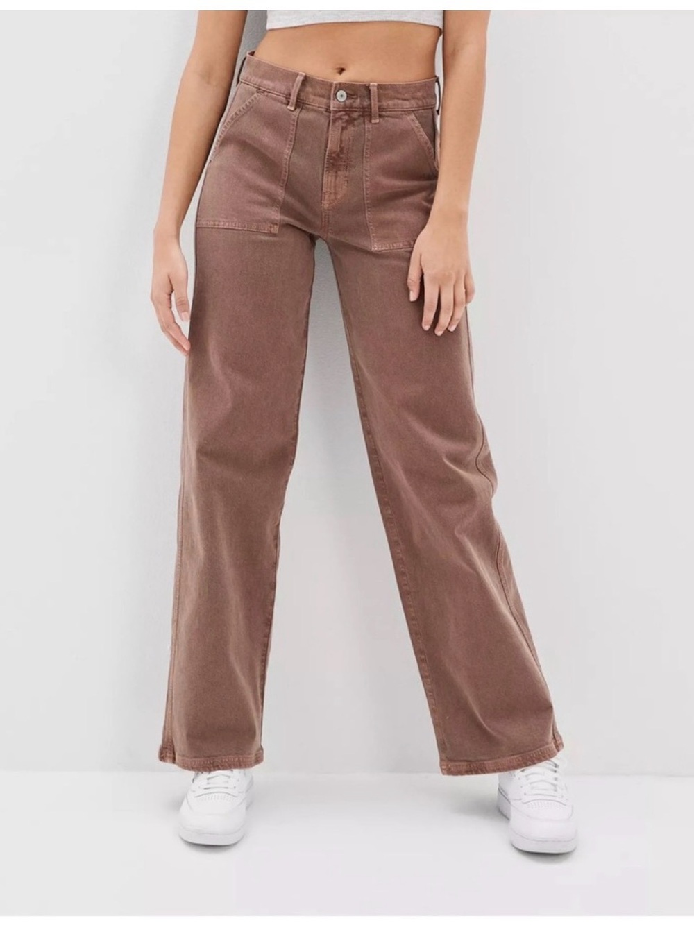 American Eagle Stretch Super High Rise Baggy Wide Leg Pants Brown Sz 0 Regular